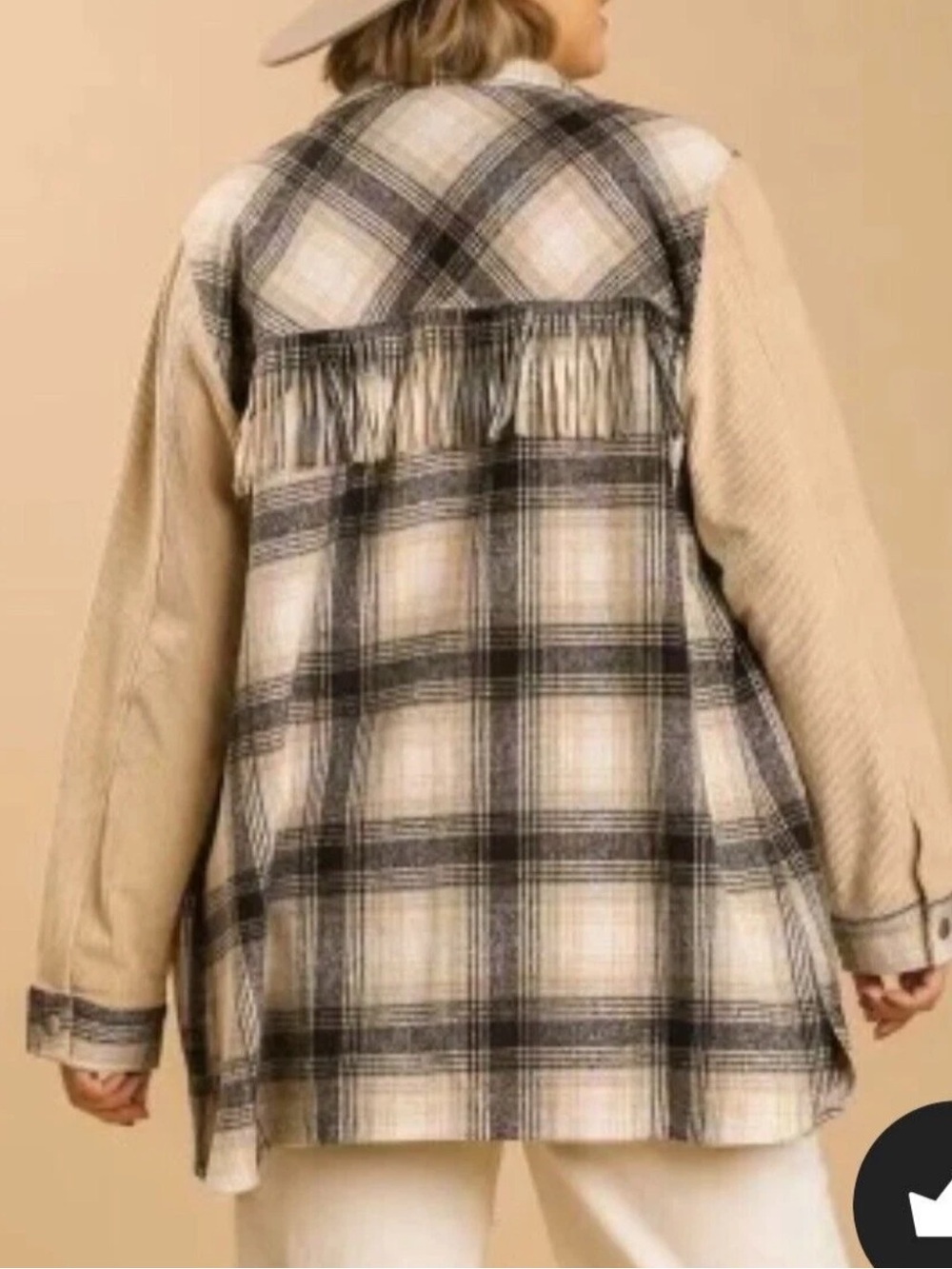 Umgee women’s shacket jacket fringe plaid L